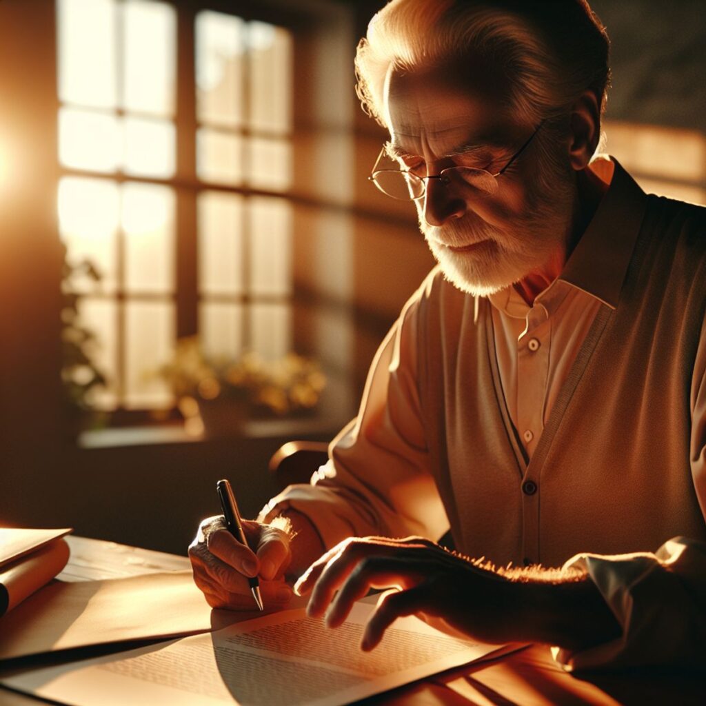 Eine ältere Person bei der Planung ihrer Bestattungsvorsorge, während sie an einem Tisch sitzt.
