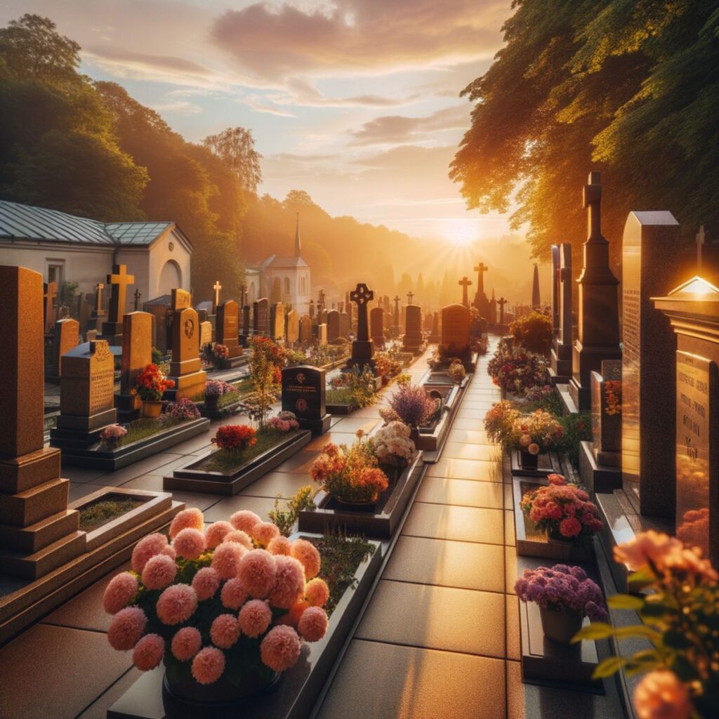 Ein Friedhof bei Sonnenuntergang mit Grabsteinen und blühenden Blumen