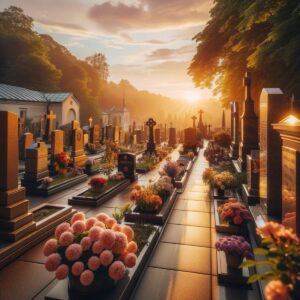 Ein Friedhof bei Sonnenuntergang mit Grabsteinen und blühenden Blumen