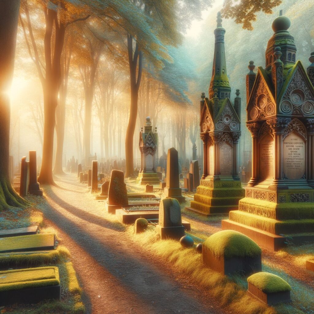 Ein Friedhof mit kunstvoll gestalteten Steelen im Morgenlicht