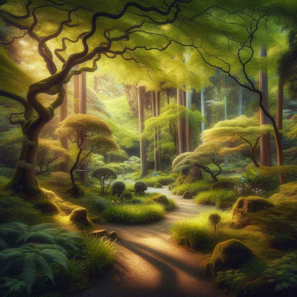 Ein friedlicher Garten in sanften Farben, der Ruhe und Trost ausstrahlt