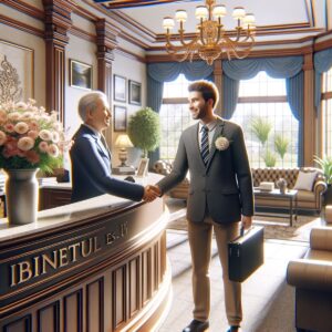 Ein Mitarbeiter eines Bestattungsinstituts begrüßt freundlich einen Kunden im Empfangsbereich.