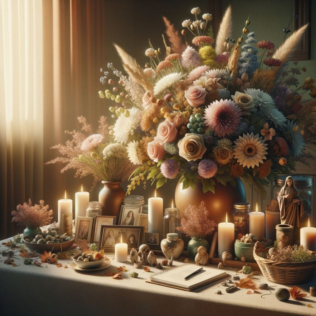 Einfühlsame Trauerfeier mit Blumen und Kerzen