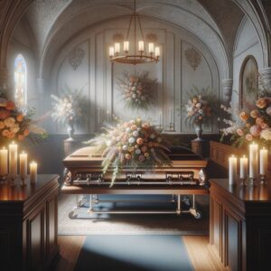 Ein Sarg mit Blumen und Kerzen in einer friedlichen Umgebung