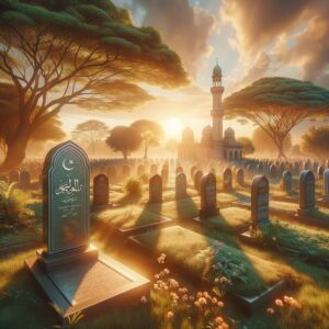 Ein muslimisches Grab auf einem ruhigen Friedhof bei Sonnenuntergang