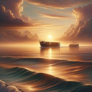 Ein Schiff auf dem Meer bei Sonnenuntergang, das eine Seebestattung durchführt