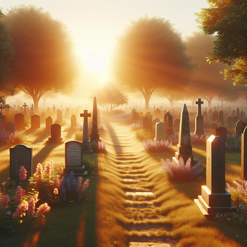 Ein friedlicher Friedhof bei Sonnenuntergang mit sanftem Licht und grüner Umgebung