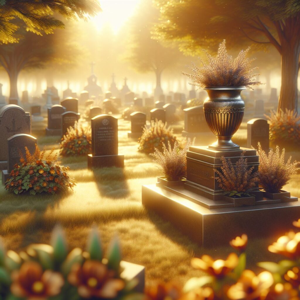 Ein Urnengrab auf einem Friedhof, umgeben von Blumen