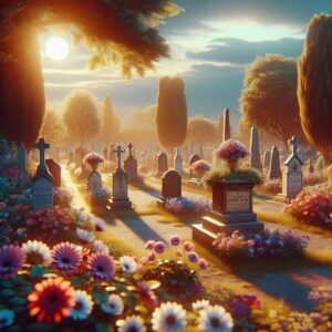 Ein gepflegter Friedhof mit blühenden Blumen und sanftem Sonnenlicht