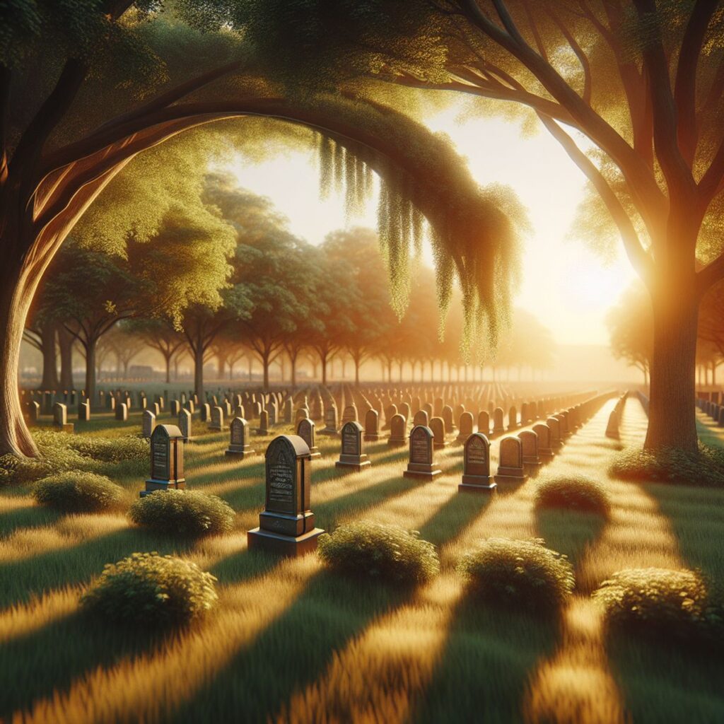 Eine friedliche Friedhofsszene bei Sonnenuntergang mit Grabsteinen und grüner Landschaft