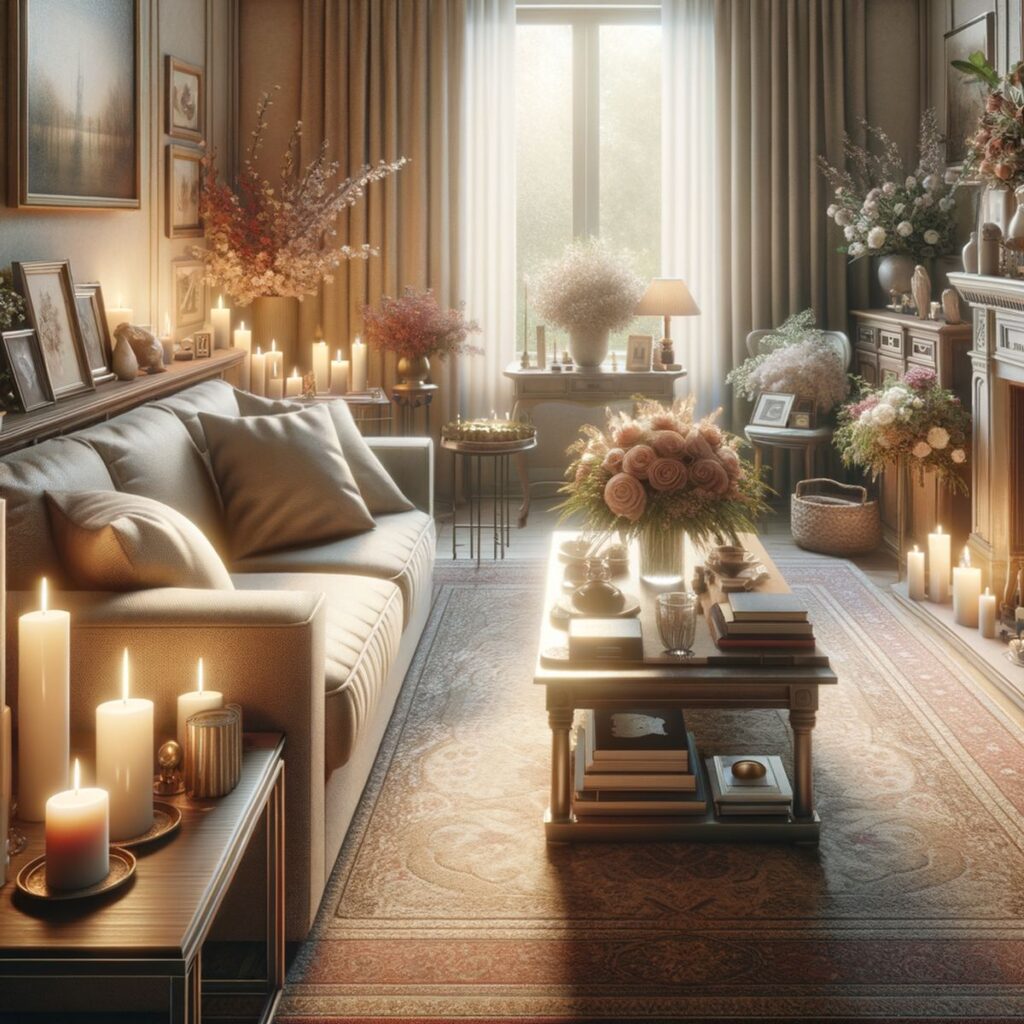 Ein Wohnzimmer mit Blumen und persönlichen Erinnerungsstücken für eine häusliche Aufbahrung