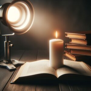 Eine einzelne weiße Kerze auf einem dunklen Holztisch neben einem aufgeschlagenen Buch