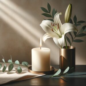Eine weiße Lilie neben einer brennenden Kerze auf einem Holztisch