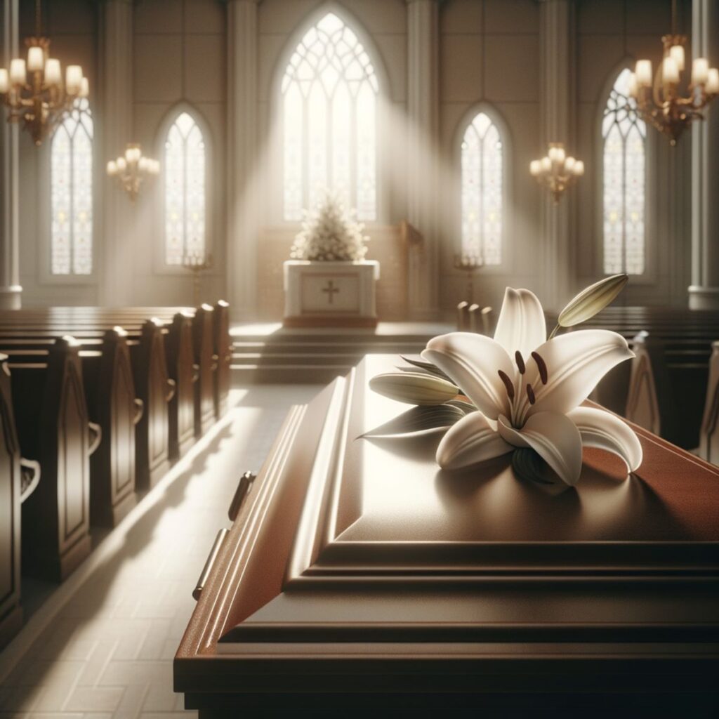 Weiße Lilie auf einem geschlossenen Holzsarg in einer eleganten Trauerhalle