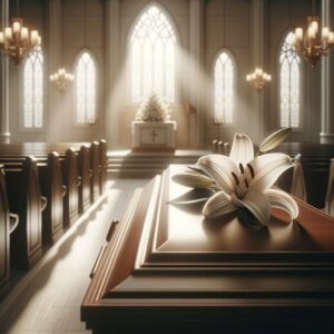 Weiße Lilie auf einem geschlossenen Holzsarg in einer eleganten Trauerhalle