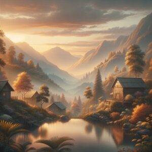 Ein herbstlicher Waldweg, bedeckt mit buntem Laub, im sanften Licht der untergehenden Sonne.