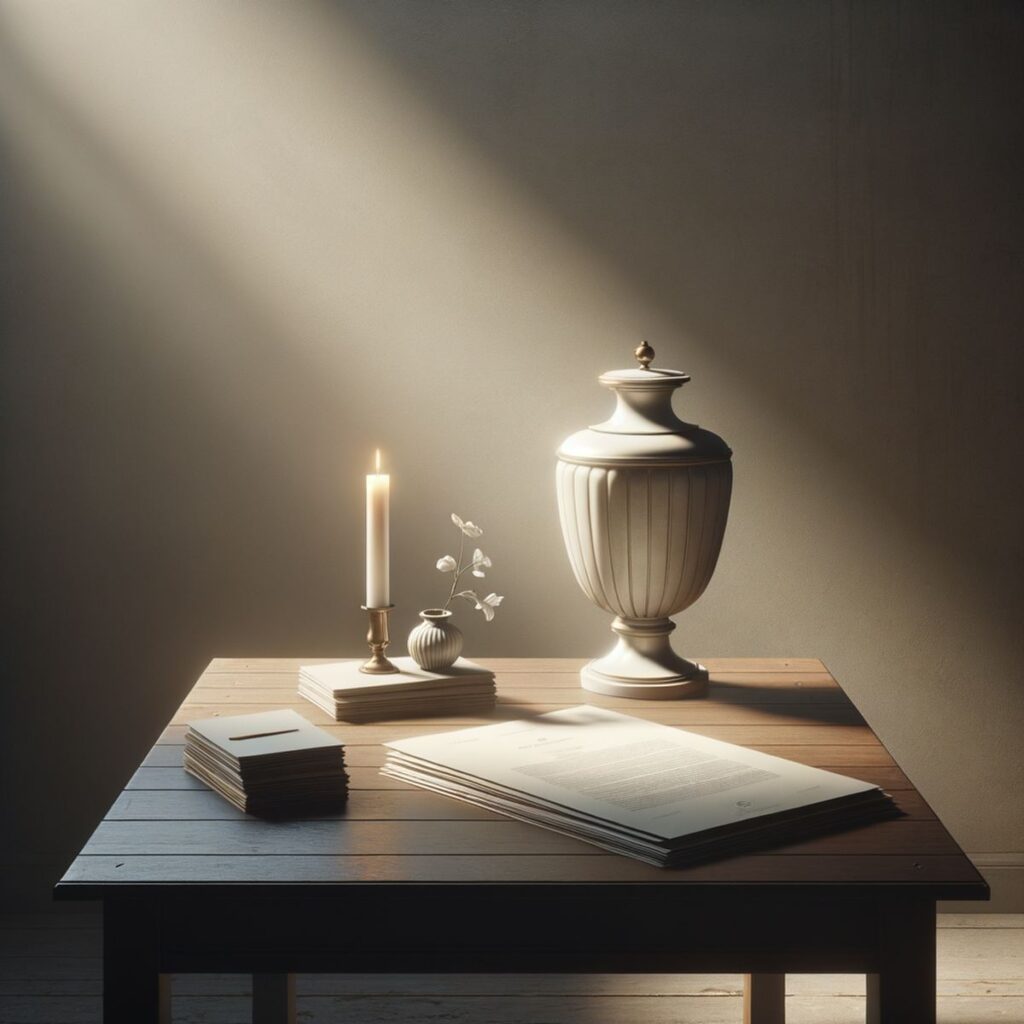 Kleine elegante Urne und brennende Kerze auf einem Tisch neben einem Stapel Dokumente
