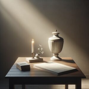 Kleine elegante Urne und brennende Kerze auf einem Tisch neben einem Stapel Dokumente
