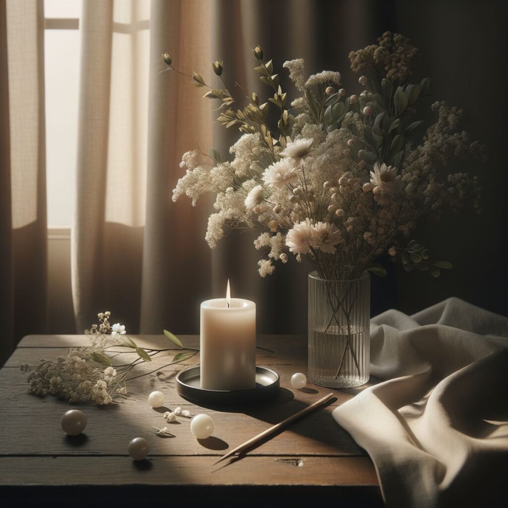 Eine einzelne weiße Kerze auf einem dunklen Holztisch umgeben von zarten weißen Blumen