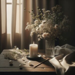 Eine einzelne weiße Kerze auf einem dunklen Holztisch umgeben von zarten weißen Blumen