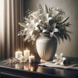 Weiße Urne auf einem polierten dunklen Holztisch umgeben von weißen Lilien und Kerzenlicht