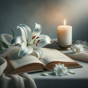 Eine einzelne weiße Lilie auf einem grauen Stoff neben einem aufgeschlagenen Buch und einer Kerze im Hintergrund