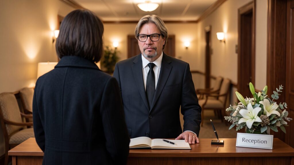 Cornelius am Empfangstresen von Bestattungen Zeitlos.