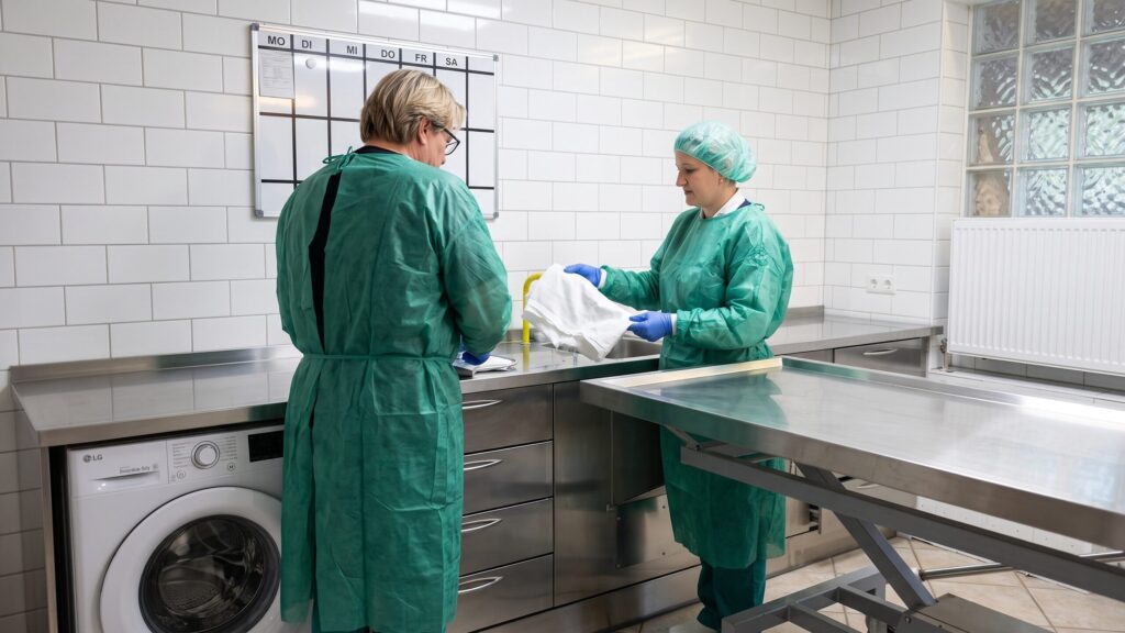 Beide Inhaber bei der Arbeit im Versorgungsraum von Bestattungen Zeitlos.