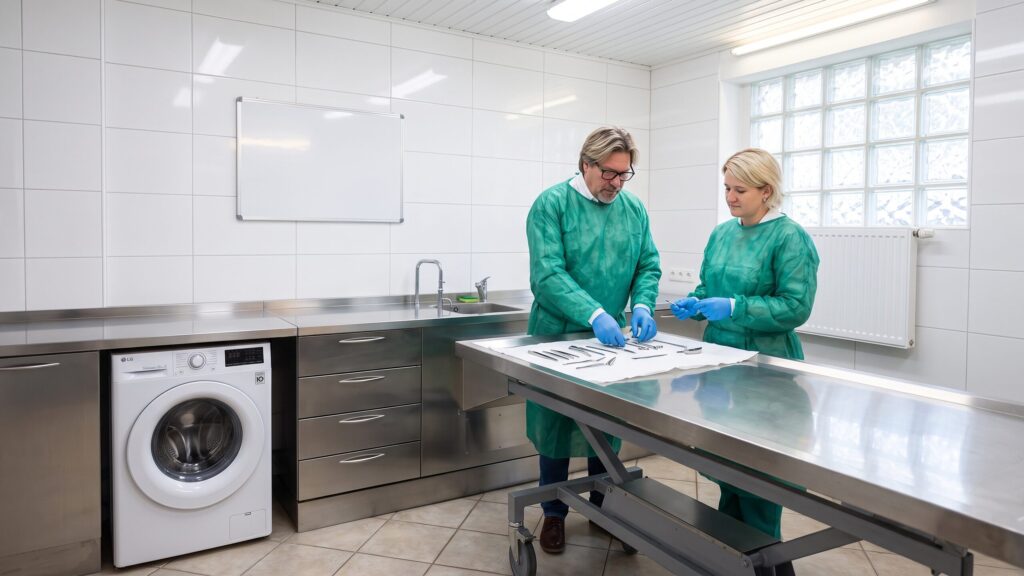 Versorgungsraum von Bestattungen Zeitlos: beide Inhaber in grüner Schutzkleidung bei der Arbeit.
